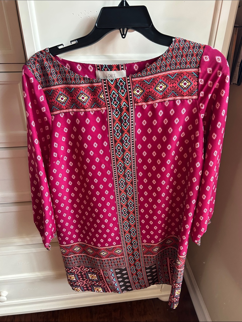 LOFT Fuchsia Geometric Border-Print Long-Sleeve Tunic Dress